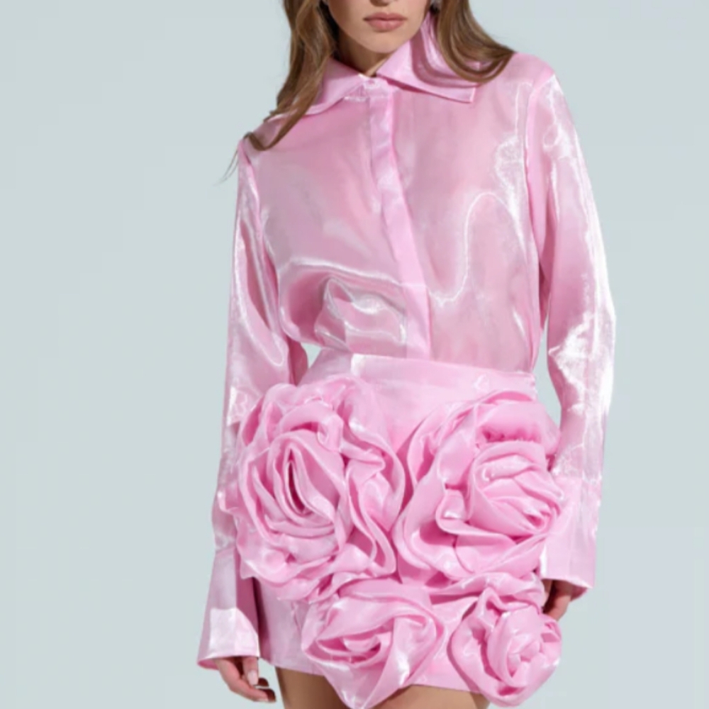 Pink Satin Button Up Top And floral Skirt